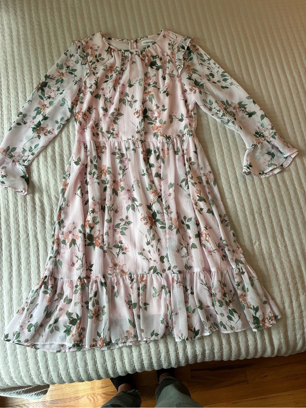 Calvin Klein Pink Floral Long-Sleeve Ruffle Dress